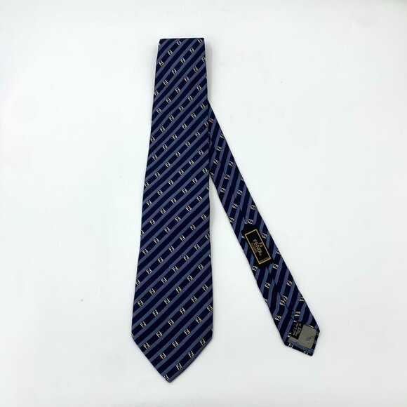 Fendi Dark Blue Logo Letter Striped Silk Tie 144cm Made In Italy - Picture 1 of 9